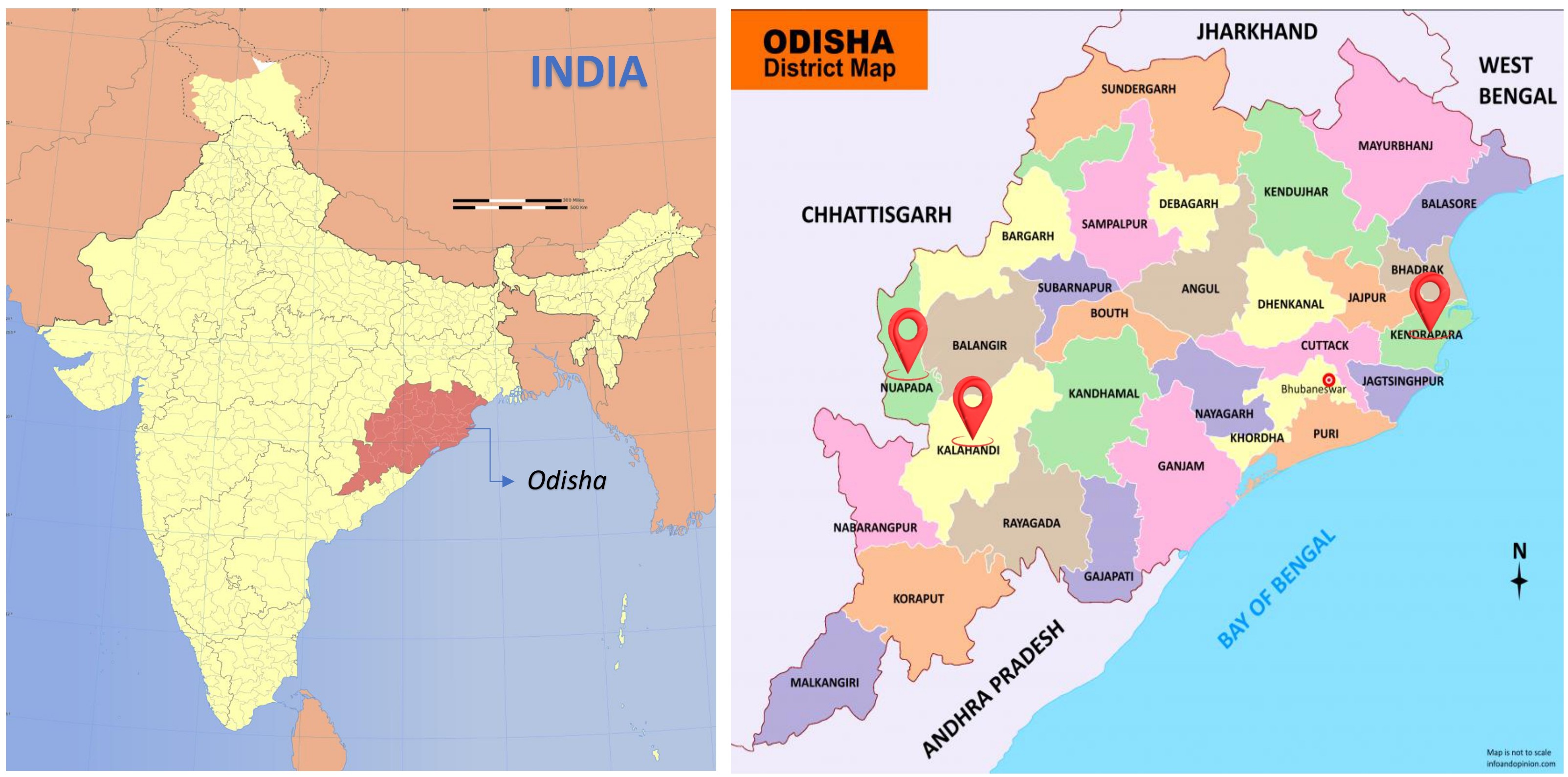 India and Odisha map showing Nuapada, Kalahandi and Kendrapara